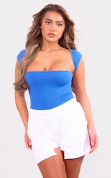 Bright Blue Snatched Rib Cut Out Short Sleeve Bodysuit