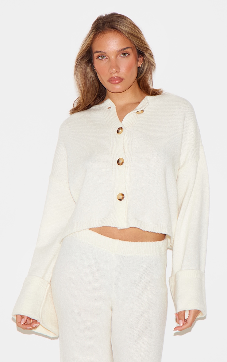 Cream Turn Up Sleeve Knit Cardigan