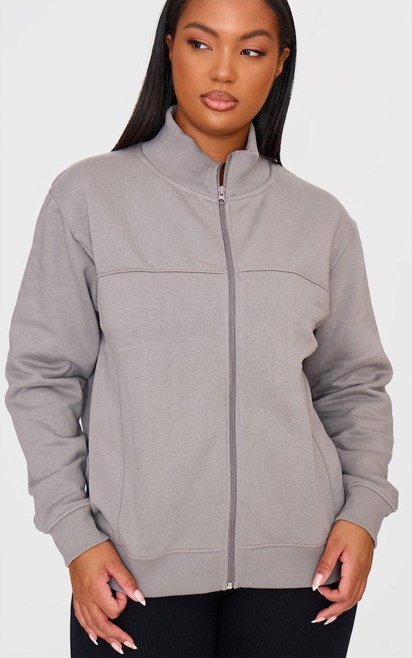 Plus Charcoal Seam Detail Zip Through Oversized Track Top image 4