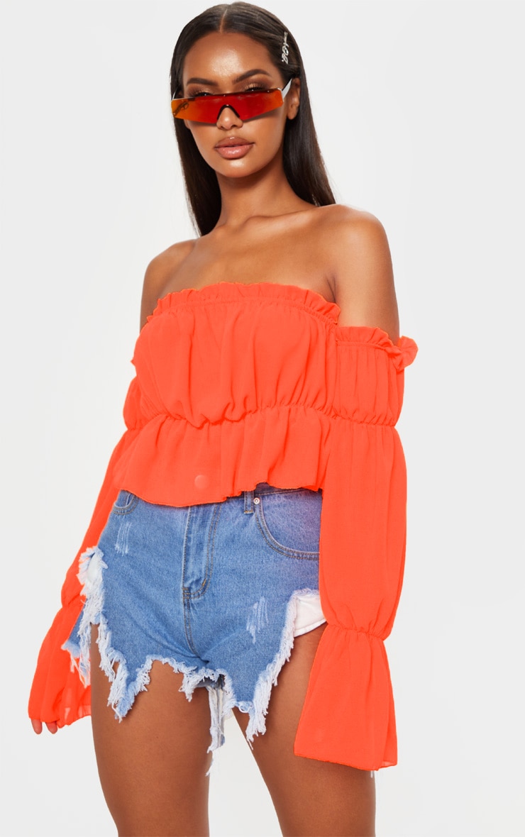 Neon Orange Woven Ruffle Bardot Flared Sleeve Blouse image 1