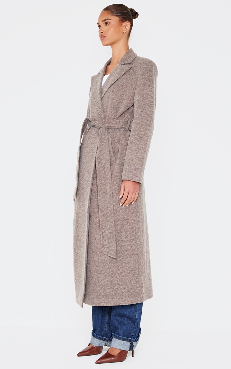 Mushroom Herringbone Self Tie Maxi Coat