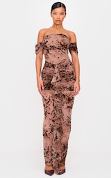  Brown Floral Devore Corset Bardot Ruched Frill Maxi Dress