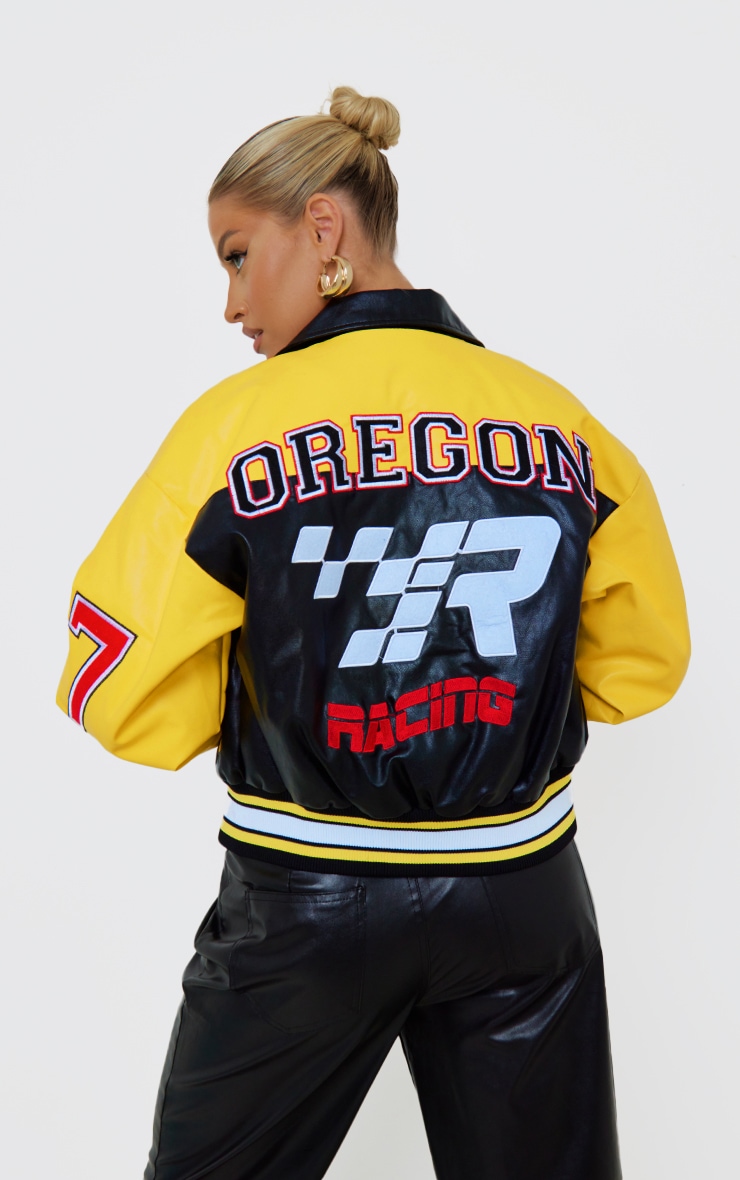 PRETTYLITTLETHING Yellow Faux Leather Motocross Racer Bomber Jacket