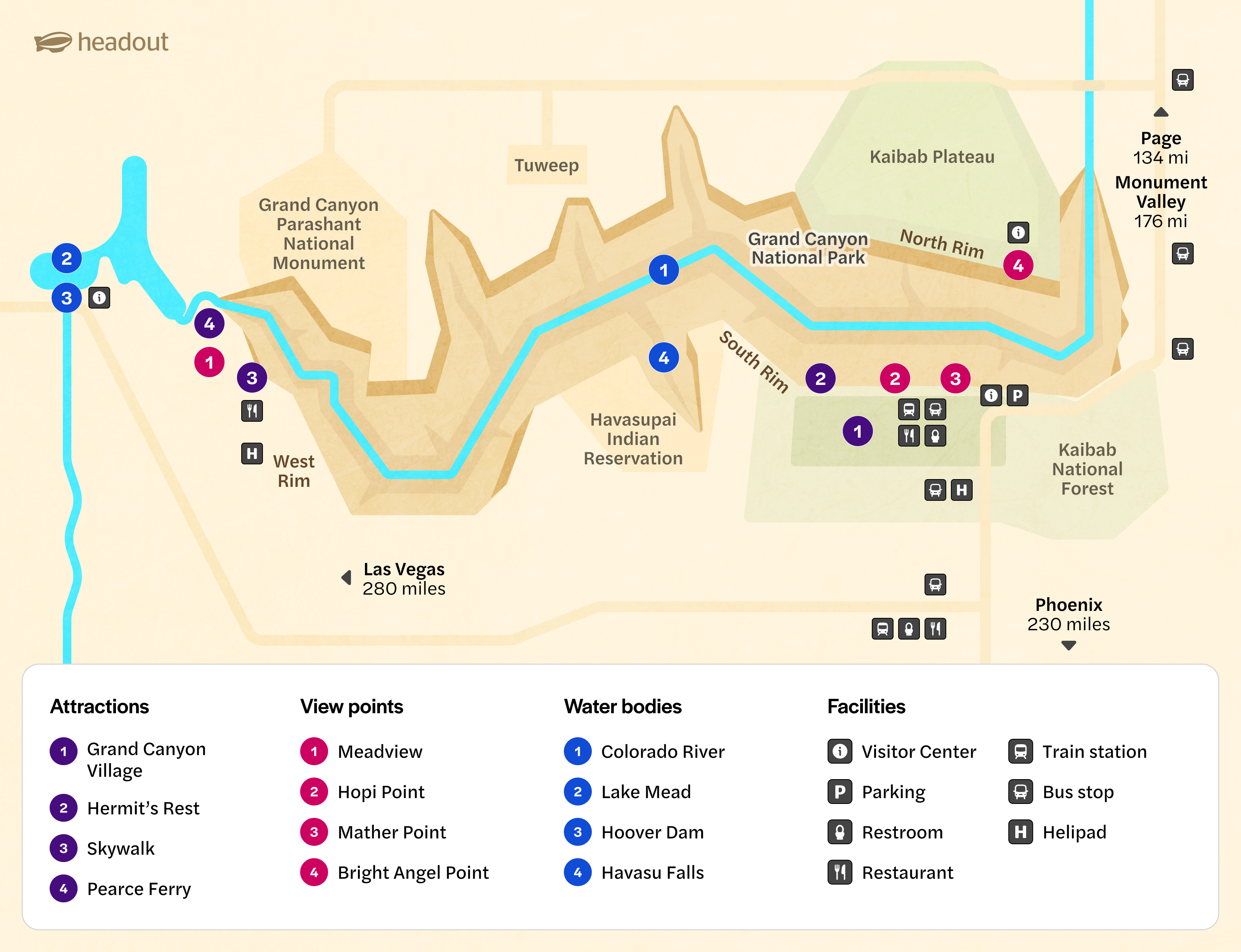 Grand Canyon National Park map highlighting trails and viewpoints.