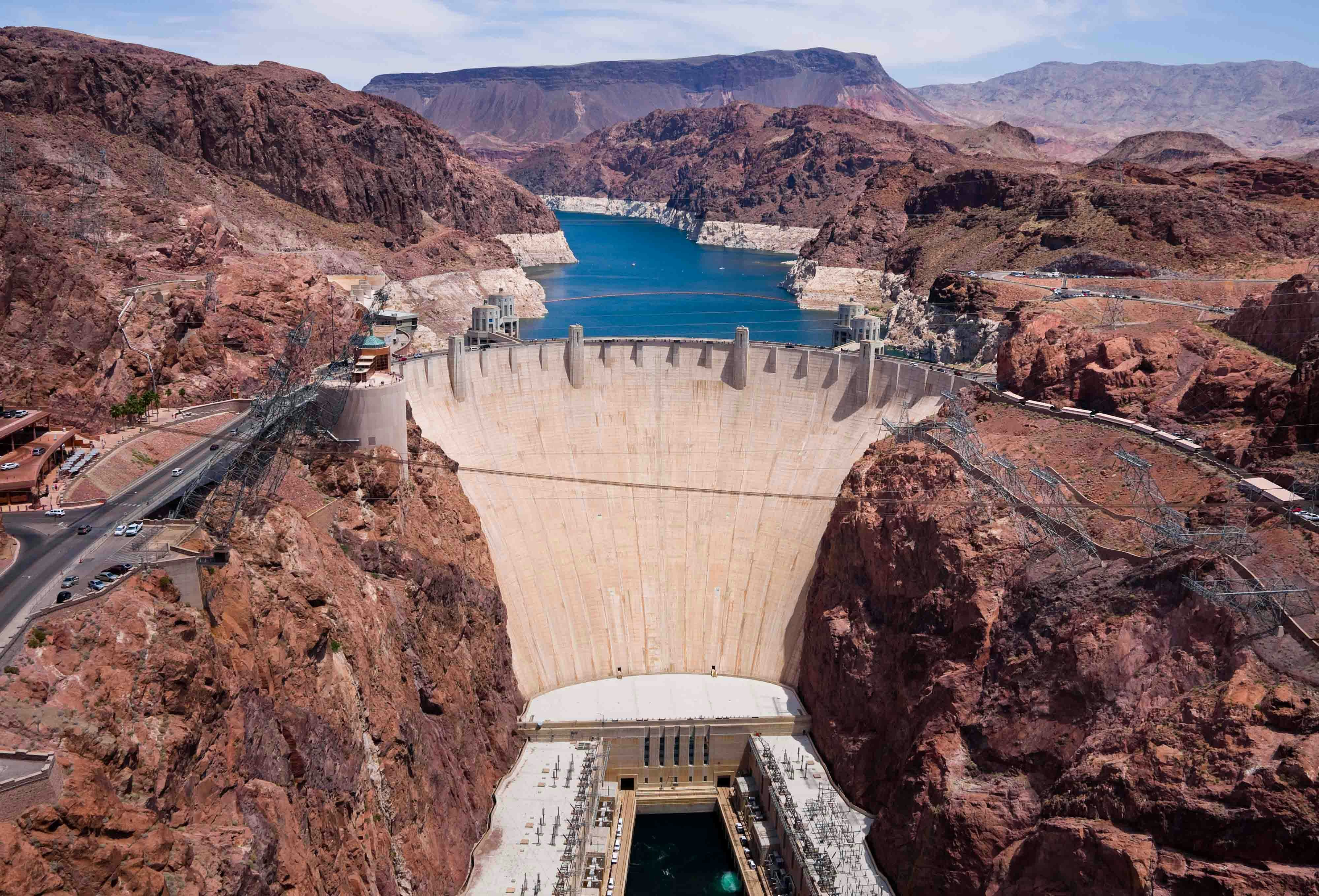 Hoover Dam view with Colorado River and surrounding desert landscape, Nevada, USA.