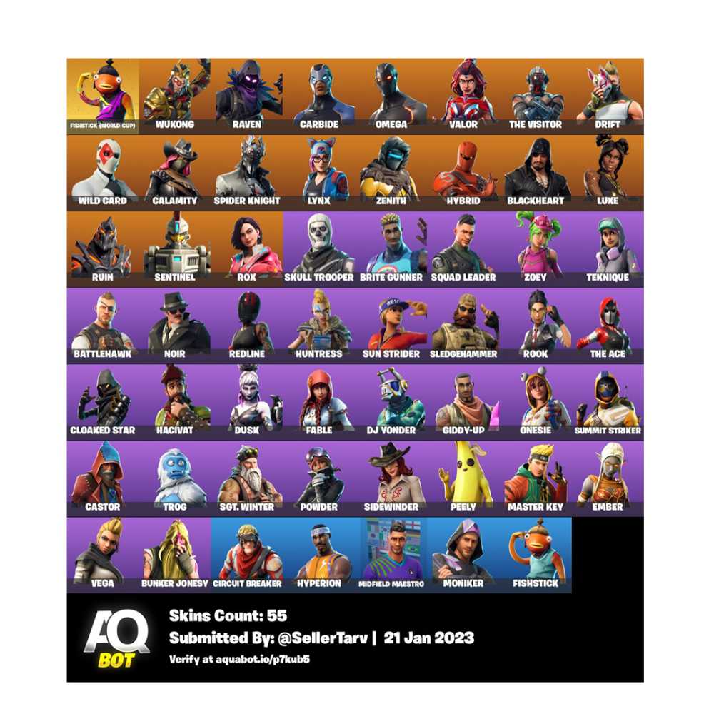 55 skins - WORLD CUP FISHSTICK, WUKONG, SKULL TROOPER