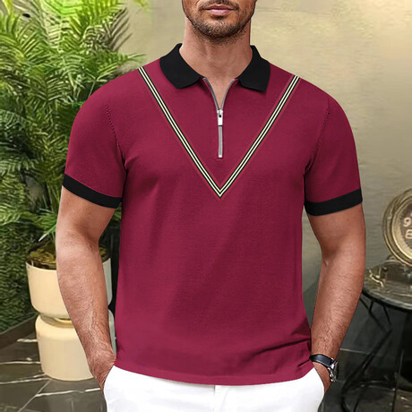 V Chest Detail Short Sleeve Polo // Burgundy (XS)