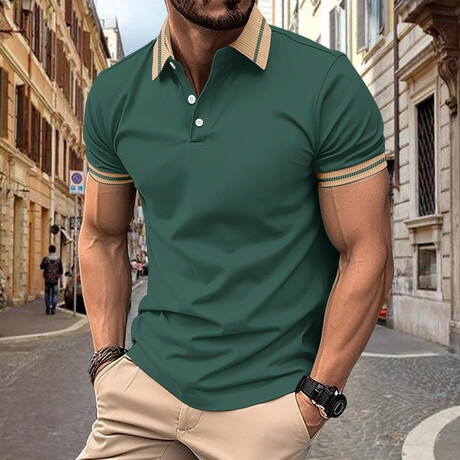 Striped Collar Short Sleeve Polo // Dark Green (XS)