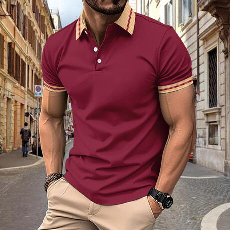 Striped Collar Short Sleeve Polo // Burgundy (XS)