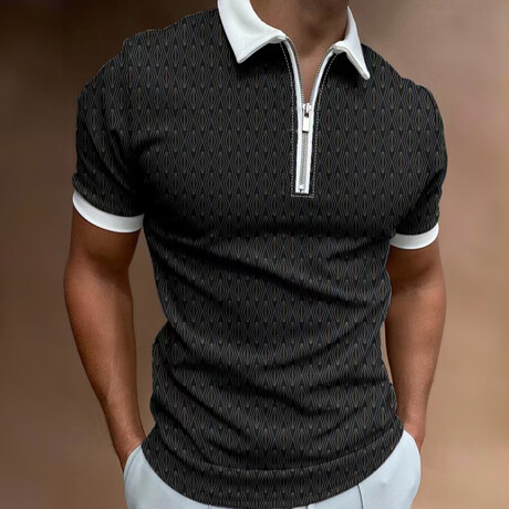 Zip Up Patterned Short Sleeve Polo // Black (XS)