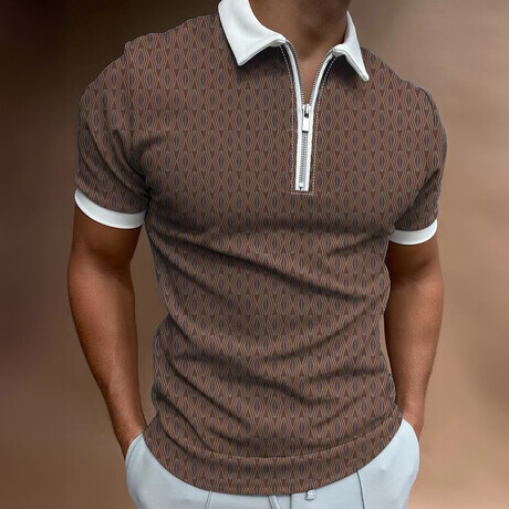 Zip Up Patterned Short Sleeve Polo // Brown (XS)