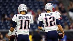 Aug 19, 2017; Houston, TX, USA; New England Patriots quarterback Tom Brady (12) and quarterback Jimmy Garoppolo (10) warm up before the game against the Houston Texans at NRG Stadium. Mandatory Credit: Kevin Jairaj-USA TODAY Sports