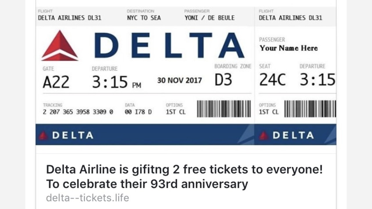 A scam circulating on Facebook claims Delta is giving away two free tickets to everyone for their 93rd anniversary