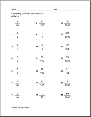 Convert Decimals to Fractions 1 Worksheet