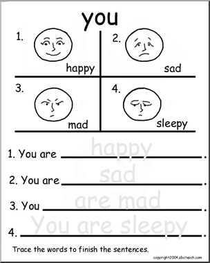 Beginning Writing Practice, Set 20a - trace (you) I abcteach.com