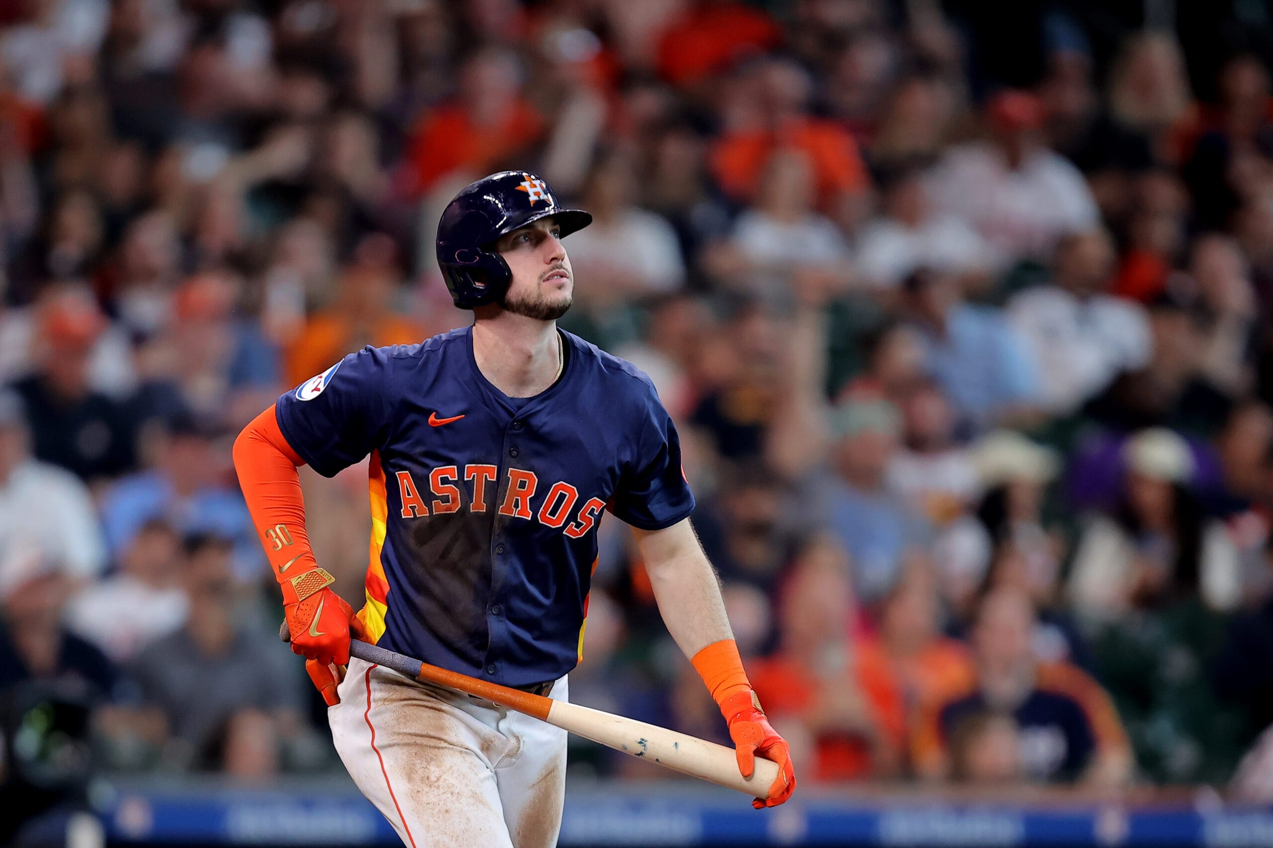 Houston Astros right fielder Kyle Tucker (30) reacts after hitting a home run against the Minnesota Twins during the third inning at Minute Maid Park.