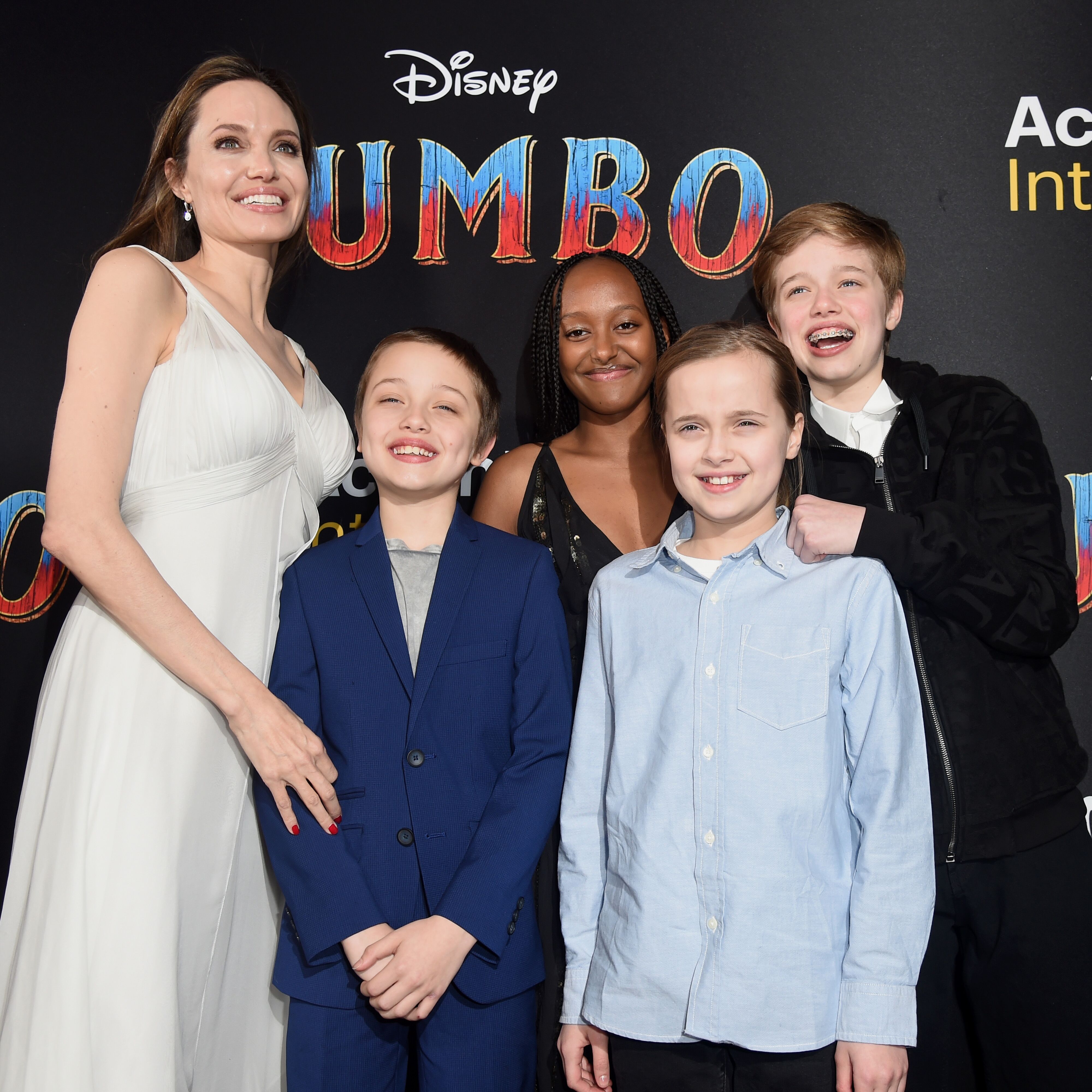 Angelina Jolie, Knox Leon Jolie-Pitt, Zahara Marley Jolie-Pitt, Vivienne Marcheline Jolie-Pitt, and Shiloh Nouvel Jolie-Pitt attend the premiere of Disney's "Dumbo" in 2019 | Source: Getty Images