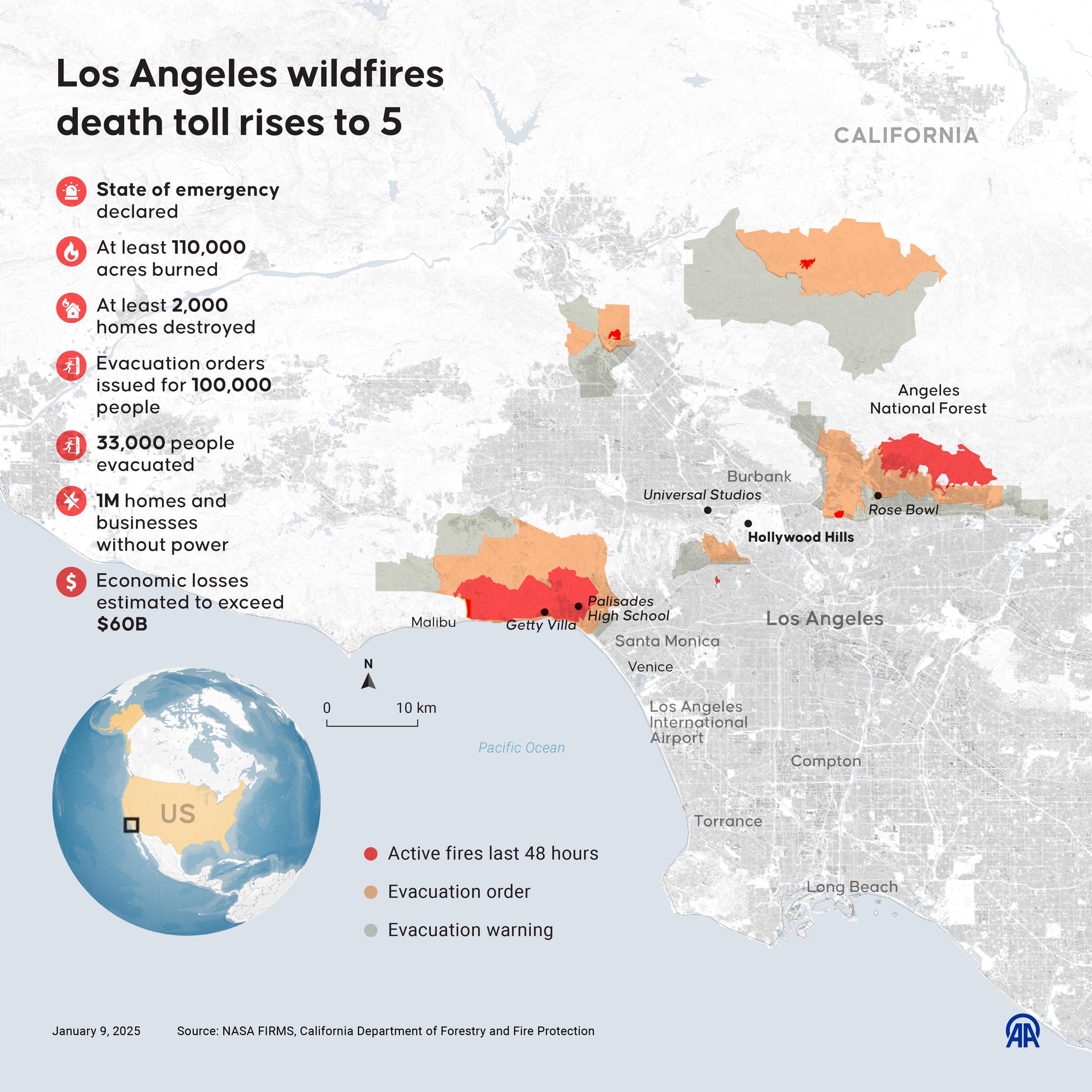 An infographic titled "Los Angeles wildfires death toll rises to 5" dated January 9, 2025 | Source: Getty Images