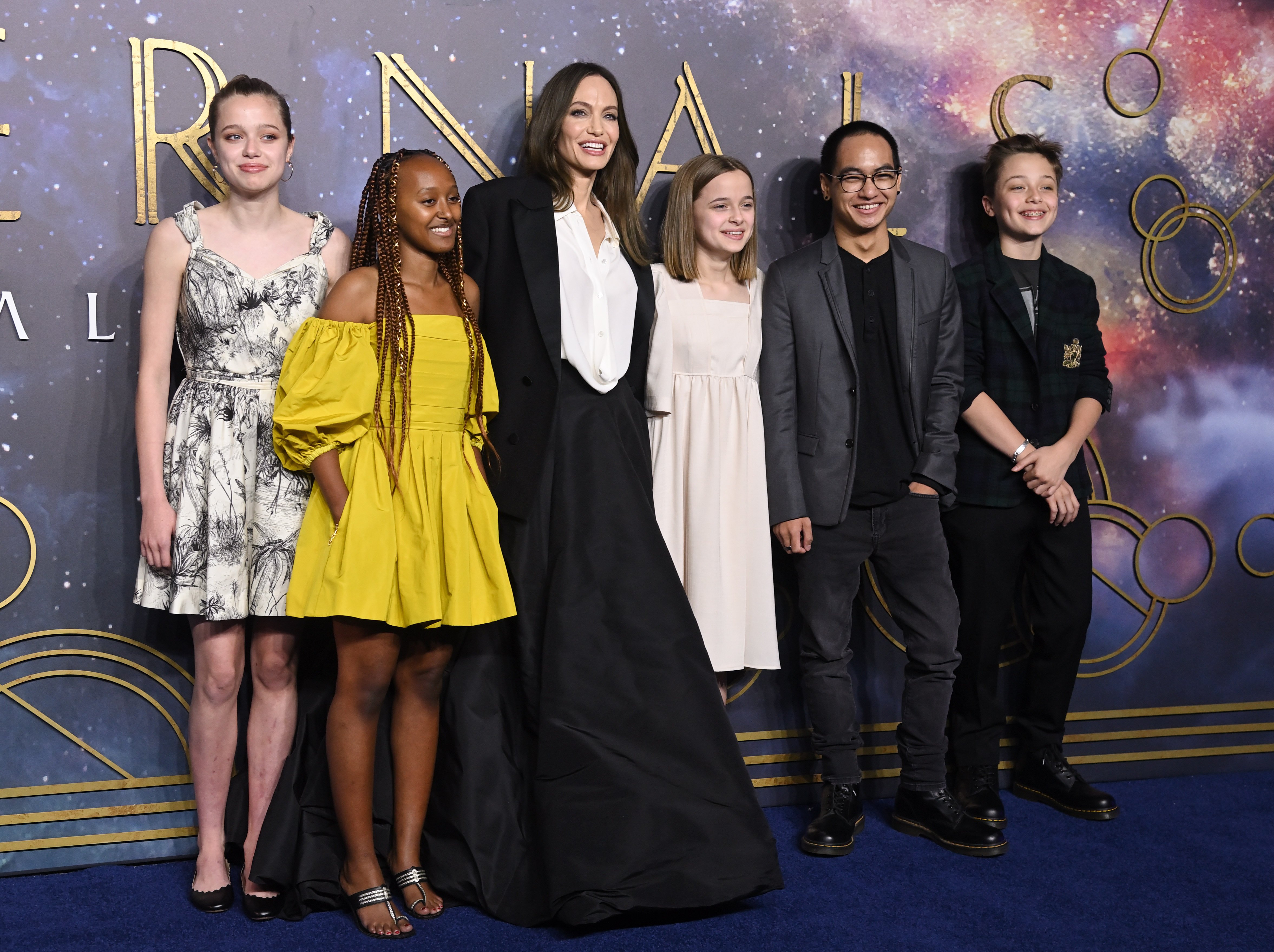 Shiloh Jolie-Pitt, Zahara Jolie-Pitt, Angelina Jolie, Vivienne Jolie-Pitt, Maddox Jolie-Pitt and Knox Jolie-Pitt attend the "The Eternals" UK Premiere at BFI IMAX Waterloo on October 27, 2021 in London, England. | Source: Getty Images