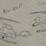 A child or someone with a head injury has drawn Blue Thunder and Airwolf battling on a sheet of notebook paper.