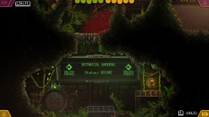 Carrion's monster approaches a level titled Botanical Gardens, full of trees and vines