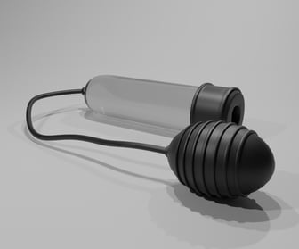 3D-rendered penis pump device with a transparent chamber and a pressure gauge