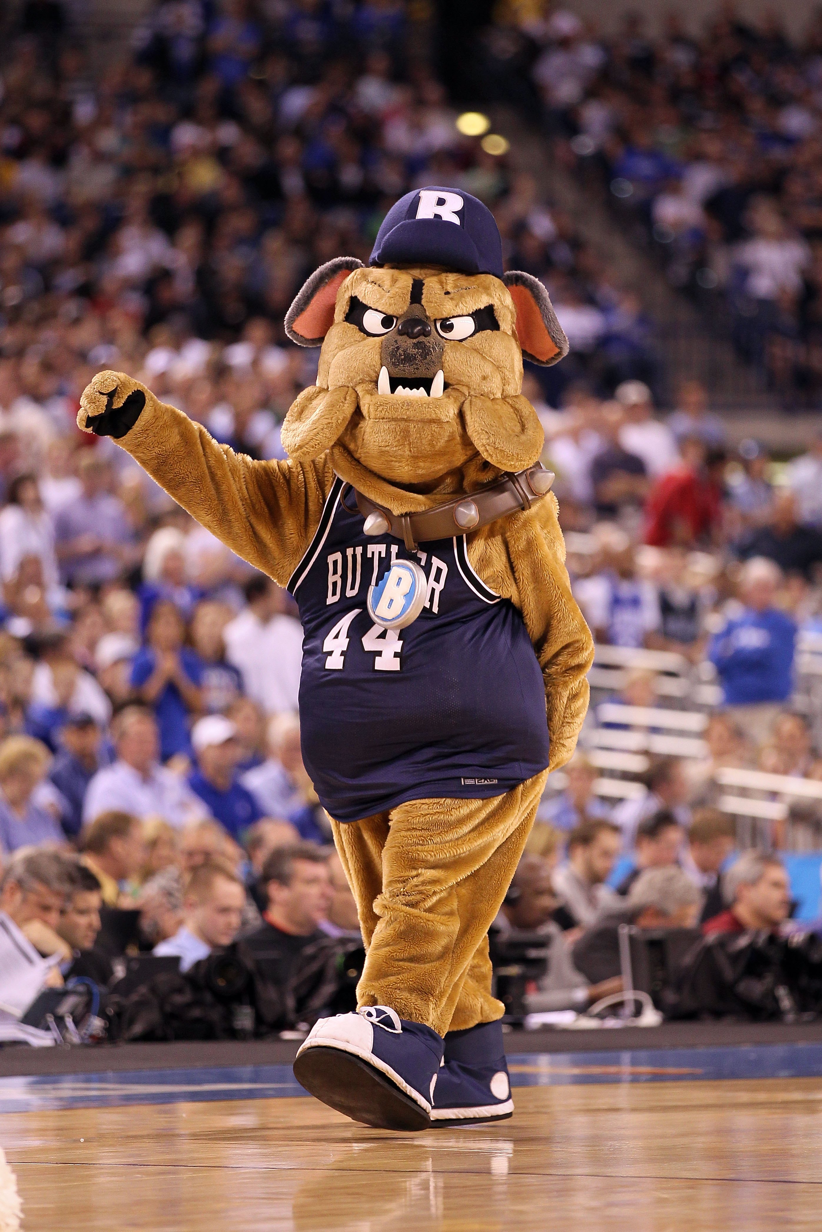 INDIANAPOLIS - APRIL 05:  The Butler Bulldogs mascot performs on the court during a break in the game against the Duke Blue Devils during the 2010 NCAA Division I Men's Basketball National Championship game at Lucas Oil Stadium on April 5, 2010 in Indiana