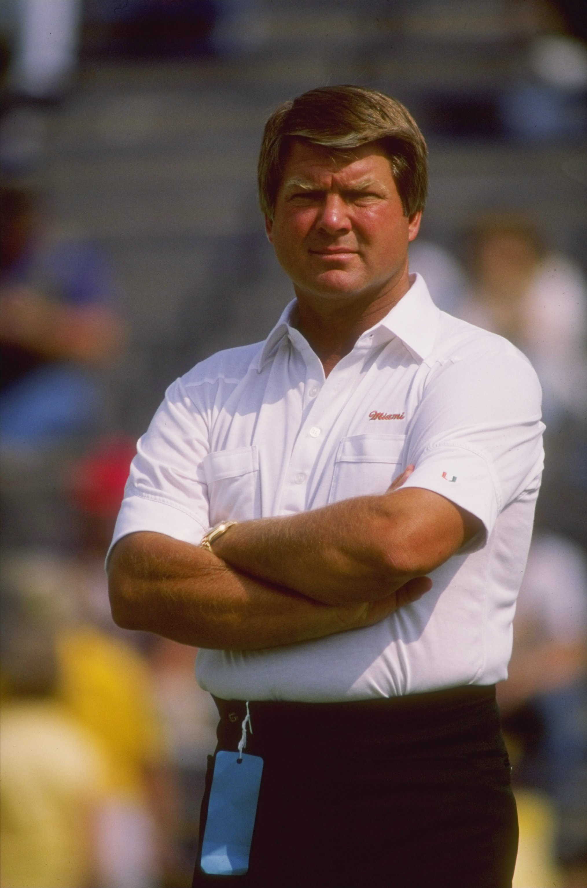 Miami Hurricanes head coach Jimmy Johnson looks on during a game against the Notre Dame Fighting Irish at Notre Dame Stadium in South Bend, Illinois.