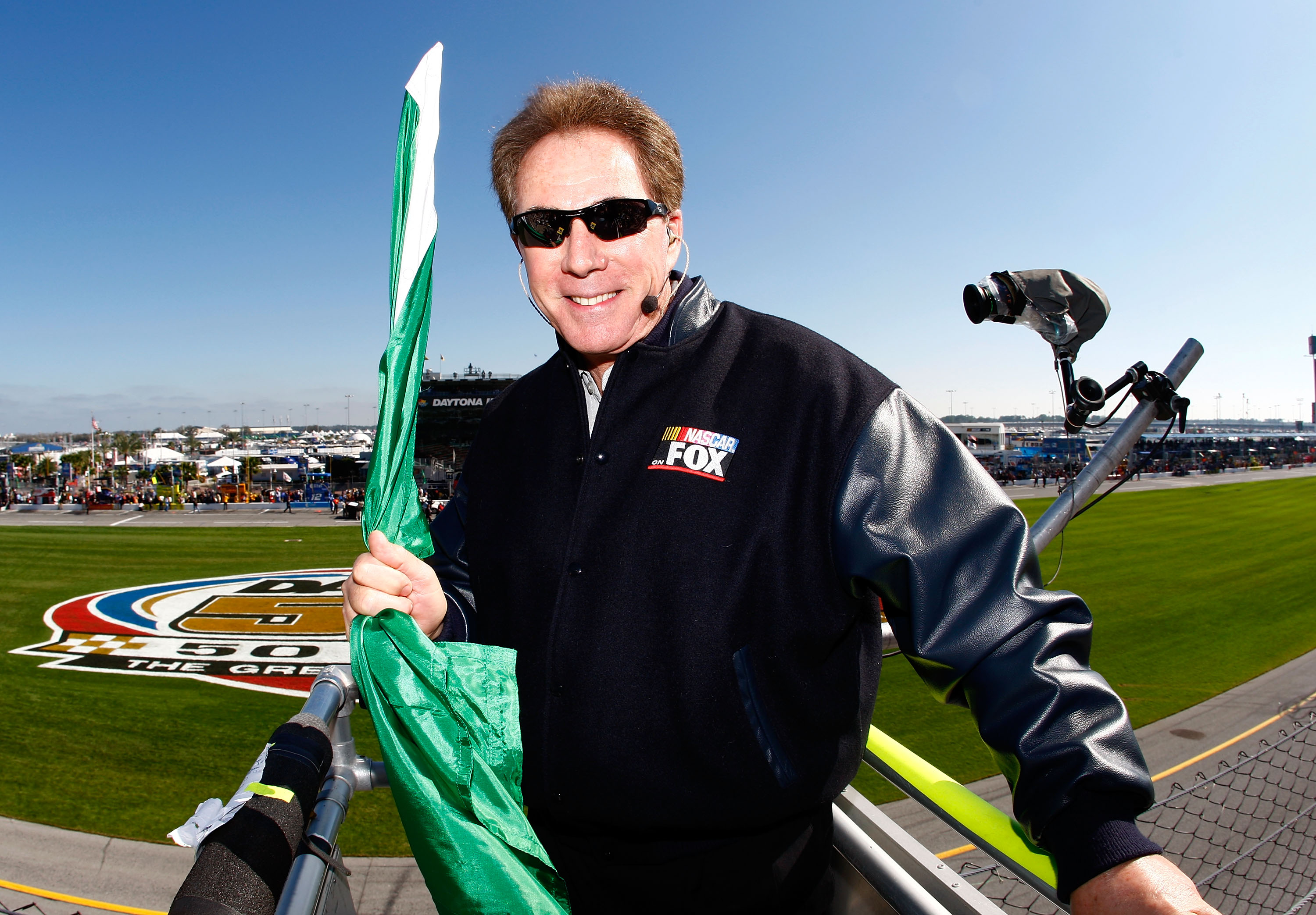 DAYTONA BEACH, FL - FEBRUARY 14:  Honorary starter Darrell Waltrip stands in the flag stand prior to the NASCAR Sprint Cup Gatorade Duels 150 at Daytona International Speedway on February 14, 2008 in Daytona Beach, Florida.  (Photo by Jamie Squire/Getty I