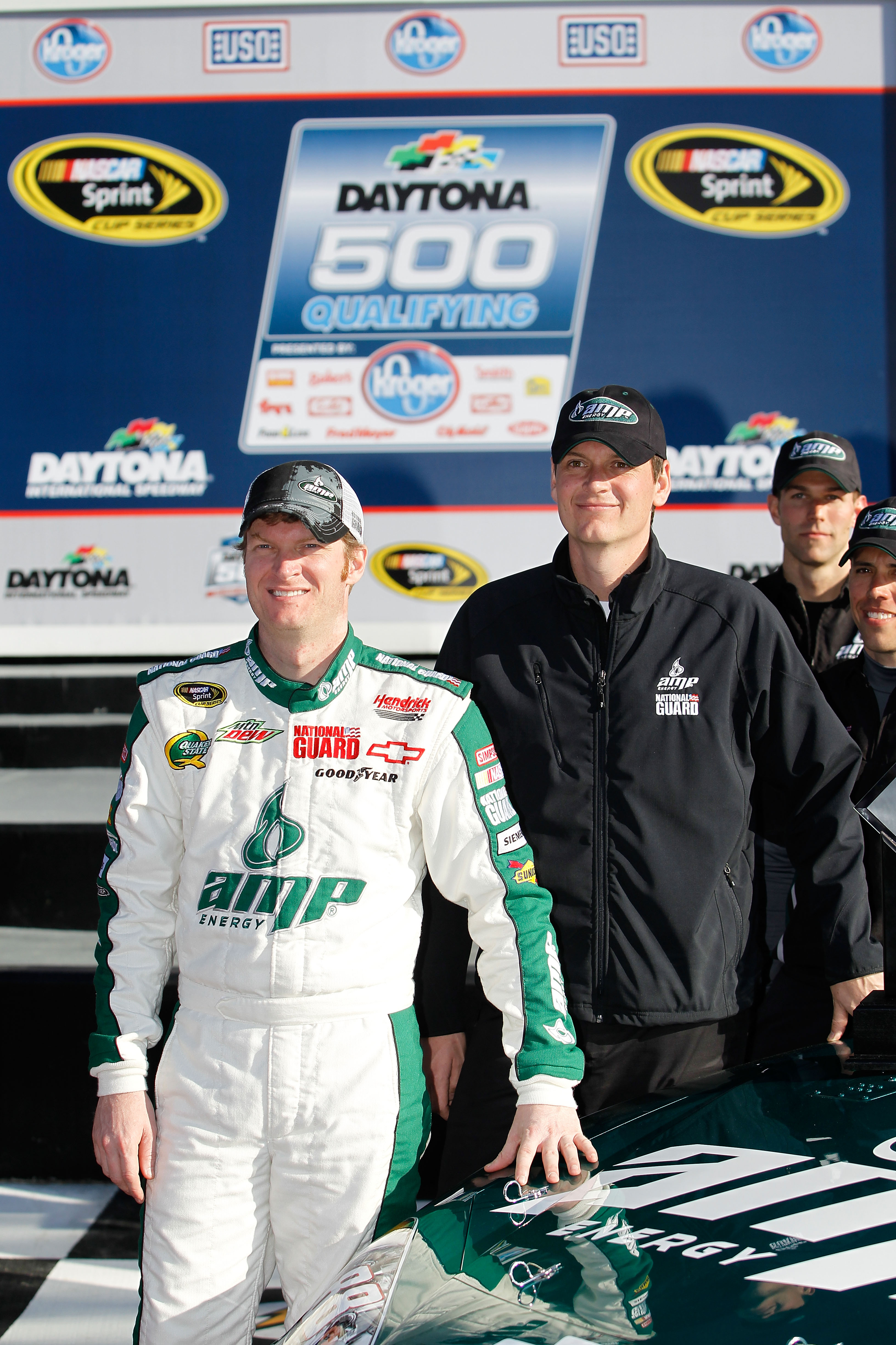 DAYTONA BEACH, FL - FEBRUARY 13:  Pole award winner Dale Earnhardt Jr., driver of the #88 National Guard/AMP Energy Chevrolet, poses in victory lane after qualifying for the NASCAR Sprint Cup Series Daytona 500 at Daytona International Speedway on Februar