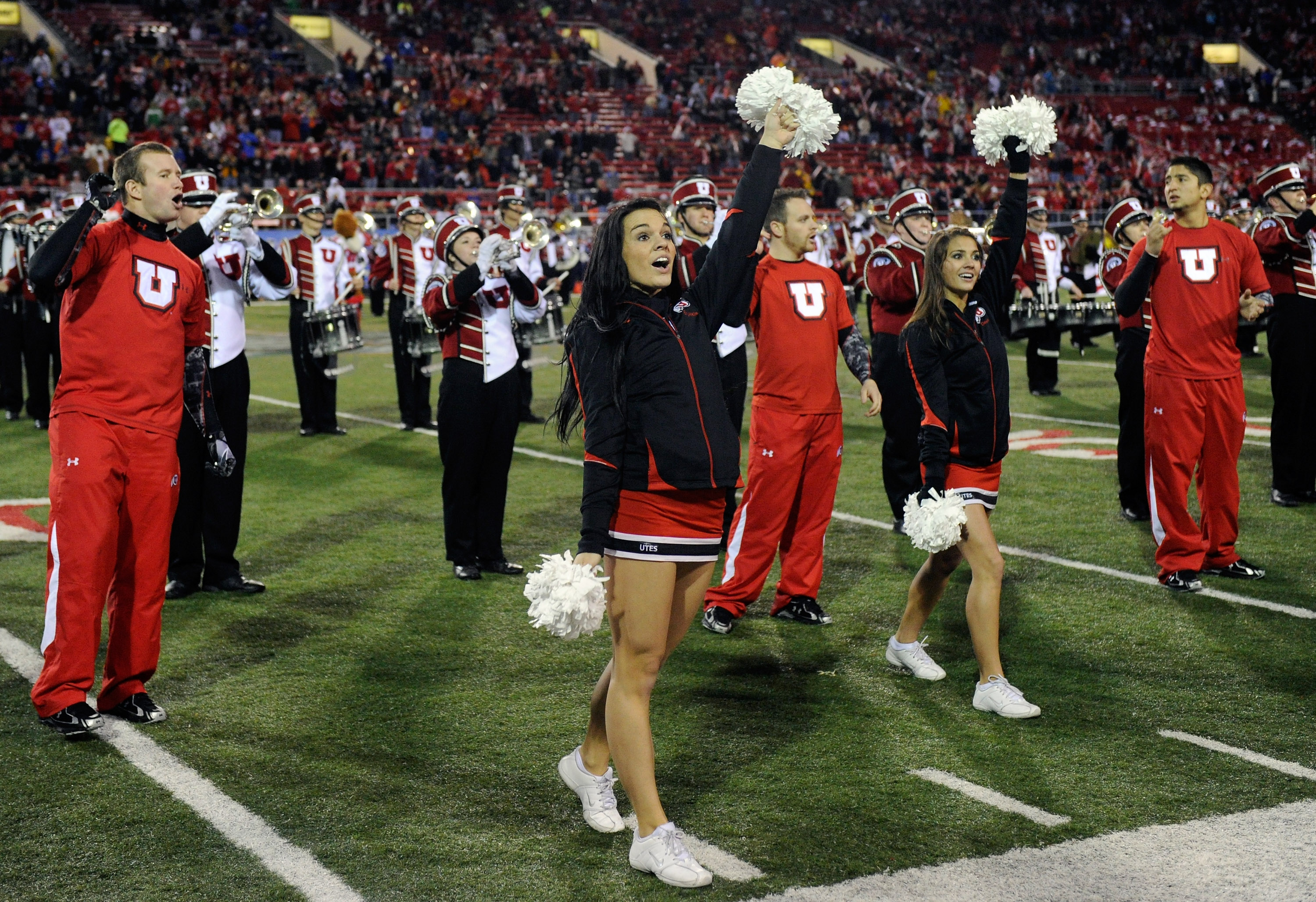 LAS VEGAS, NV - DECEMBER 22:  Utah Utes cheerleaders perform before the MAACO Bowl Las Vegas against the Boise State Broncos at Sam Boyd Stadium December 22, 2010 in Las Vegas, Nevada. Boise State Won 26-3.  (Photo by Ethan Miller/Getty Images)