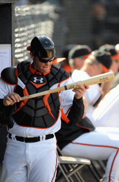 FORT LAUDERDALE, FL - FEBRUARY 26: Matt Wieters #15 of the Baltimore Orioles checks his bat in the dugout against the St. Louis Cardinals during a spring training game at Fort Lauderdale Stadium on February 26, 2009 in Fort Lauderdale, Florida. (Photo by 