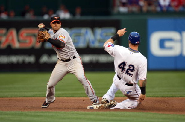 ARLINGTON, TX - APRIL 15:  Second baseman Brian Roberts #1 of the Baltimore Orioles while wearing jersey #42 to commemorate Jackie Robinson day makes the out against Josh Hamilton of the Texas Rangers on April 15, 2009 at Rangers Ballpark in Arlington, Te