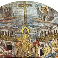 Christ as Ruler, with the Apostles and Evangelists (represented by the beasts). The female figures are believed to be either Santa Pudenziana and Santa Praxedes or symbols of the Jewish and Gentile churches. Mosaic in the apse of Santa Pudenziana, Rome,A