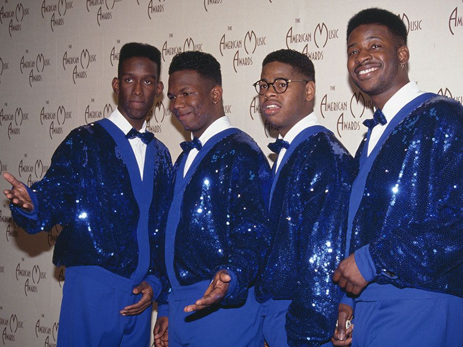 American quartet Boyz II Men (left to right) Shawn Stockman, Wanya Morris, Nathan Morris and Michael McClary, 1992. (music, rhythm-and-blues). Photographed at the American Music Awards where they won Favorite Soul/R&B New Artist, Los Angeles, California, January 27, 1992.