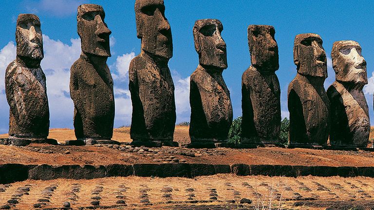 Panoramic view of moai, Ahu Tongariki, Easter Island (Rapa Nui), Chile