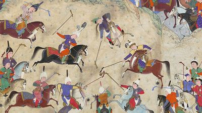 "Siyavush Plays Polo before Afrasiyab" folio 180v from the Shahnama (Book of Kings) of Shah Tahmasp by Abu'l Qasim Firdausi; painting attributed to Qasim ibn 'Ali, c. 1525-30 Tabriz, Iran. Opaque watercolor, ink, silver, and gold on paper.