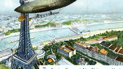 Alberto Santos-Dumont. Postcard of Brazilian aviator Alberto Santos-Dumont's (1873-1932) airship or dirigible and Eiffel Tower. The Santos Dumont Air-Ship rounding the Eiffel Tower; on Octoboer 19th 1901. airplane