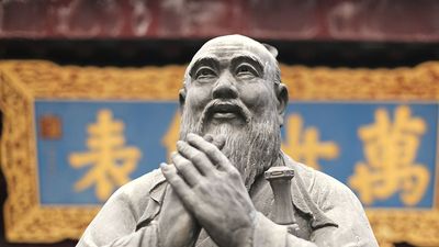 Confucius statue at a Confucian Temple in Shanghai, China. Confucianism religion