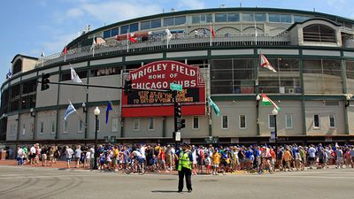 Exterior of Wrigley Field Home of the Chicago Cubs. Chicago Cubs Wrigley Field Chicago, IL. National League baseball stadium. Major League Baseball (MLB). Baseball stadium.