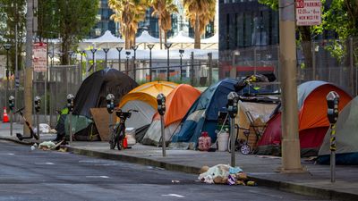 A “tent city” where homeless people live in San Francisco, California.