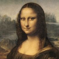 Mona Lisa, oil on wood panel by Leonardo da Vinci, c. 1503-06; in the Louvre, Paris, France. 77 x 53 cm.