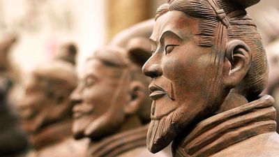 Close-up of terracotta Soldiers in trenches, Mausoleum of Emperor Qin Shi Huang, Xi'an, Shaanxi Province, China