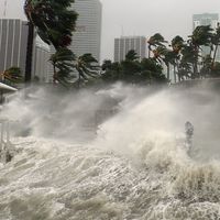 Hurricane Irma seen striking Miami, Florida with 100+ mph winds and destructive storm surge.