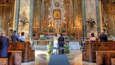 Marriage. A couple getting married during a church wedding ceremony. (religion, ceremony, bride, groom)