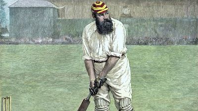 British cricketeer William Gilbert Grace, 19th century colored engraving. (W.G. Grace, sports)