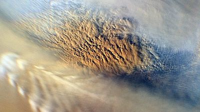 This close-up image of a dust storm on Mars was acquired by the Mars Color Imager instrument on NASA Mars Reconnaissance Orbiter on Nov. 7, 2007. This image is centered on Utopia Planitia