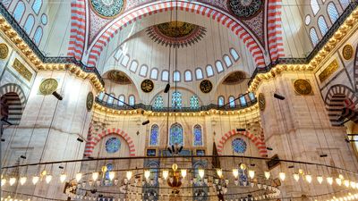 Inside the Suleymaniye Mosque on may 25, 2013 in Istanbul, Turkey. The Suleymaniye Mosque is the largest mosque in the city, and one of the best-known sights of Istanbul.