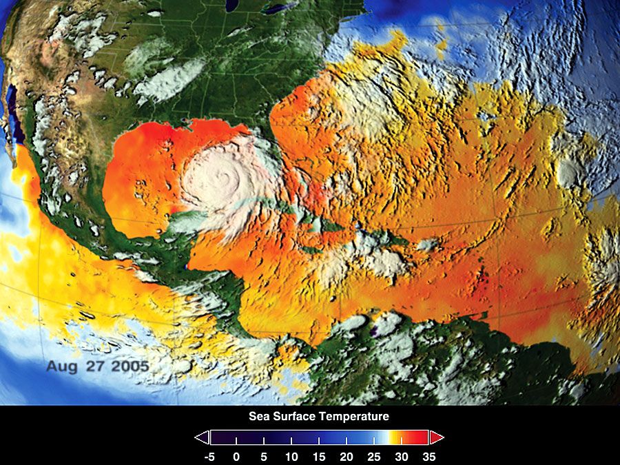 Warm water fuels Hurricane Katrina. This image depicts a 3-day average of actual dea surface temperatures for the Caribbean Sea and Atlantic Ocean, from August 25-27, 2005.