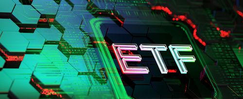 ETF tile on abstract digital matrix background.